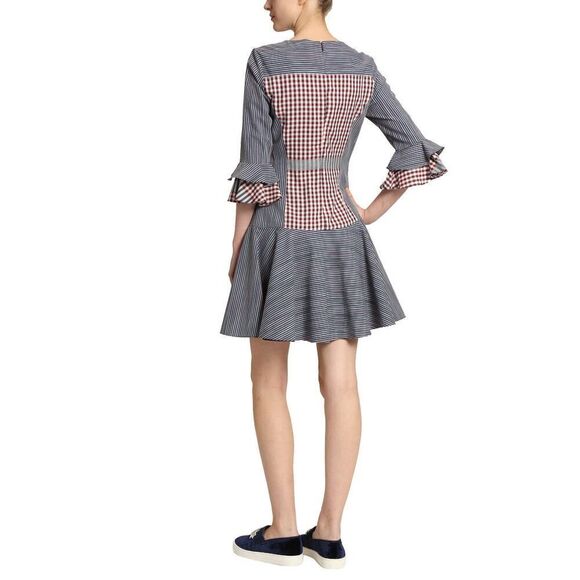 Badgley Mischka Collection Plaid & Striped Combo Flounce Plaid Day Dress Size 4 - Picture 3 of 11